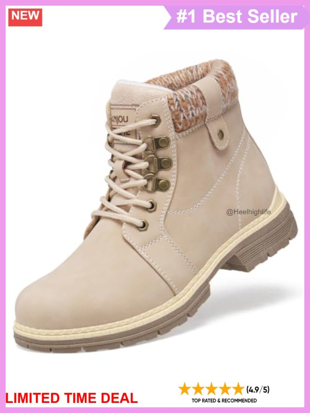 Winter Hiking Boots Waterproof Lightweight Lace Up Fur Lined Ankle Boots